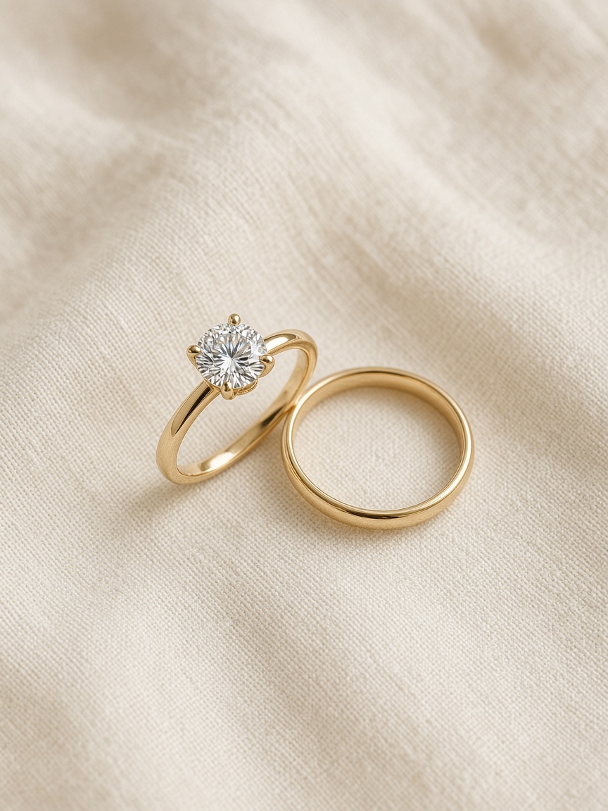 A solitaire and a plain gold band on linen