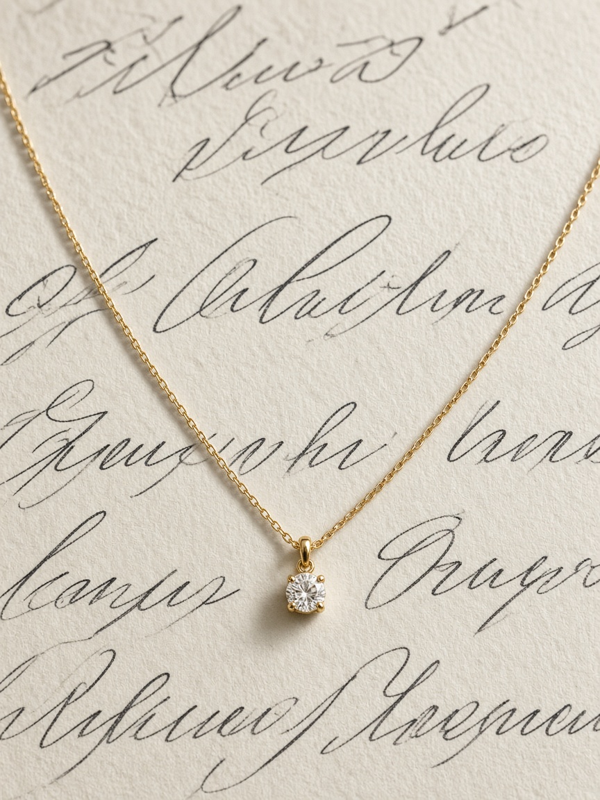 Diamond pendant lying across handwritten script