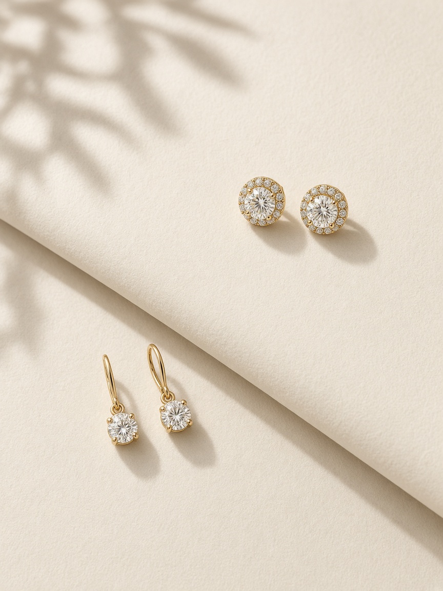 Diamond studs and drop earrings on ivory paper