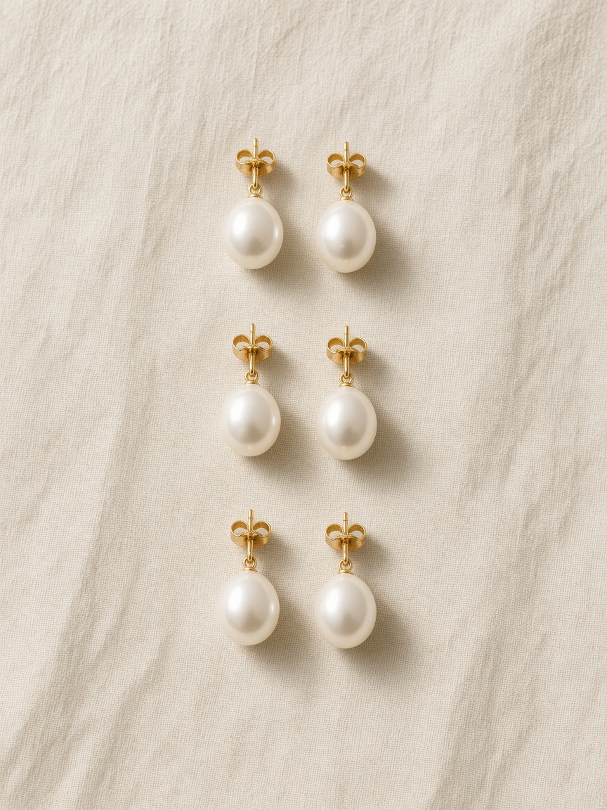 Three pairs of pearl drop earrings on ivory linen